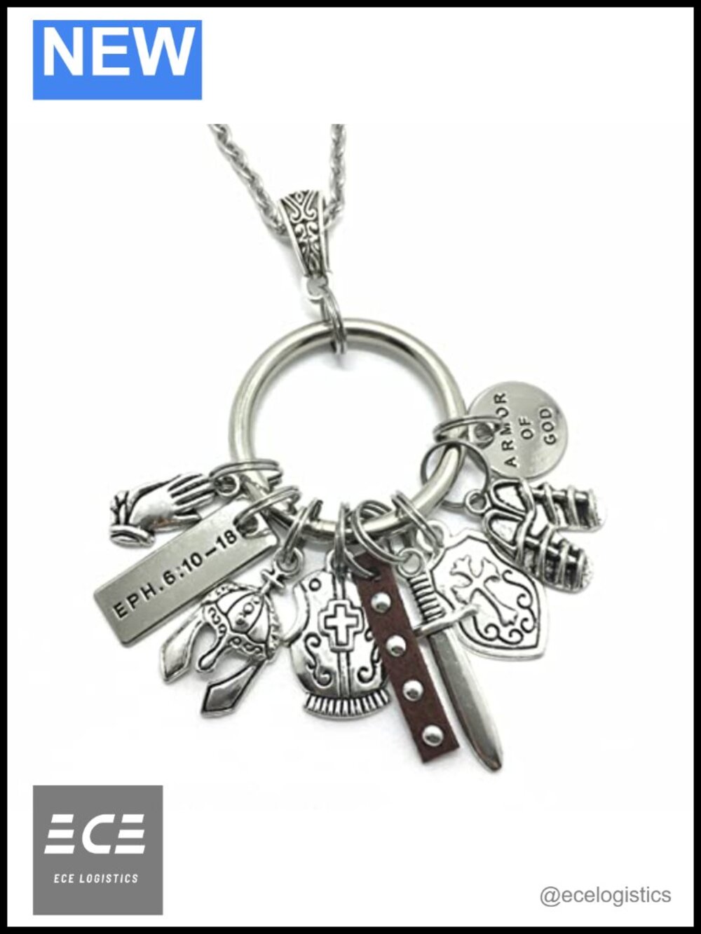 Hand Stamped 30 Inch Stainless Steel Armor of God Necklace Christian Gift